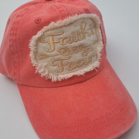 Accessories - Faith Over Fear Women's Hat Cap Religious Cotton Pink Embroidered Ragged Patch